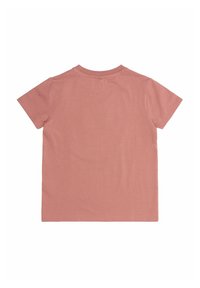 Trumpas rankovėmis T shirt švelnios rožinės spalvos medvilnės, su apvalia kaklo išpjova ir vientisu nugara be raštų ar puošmenų.