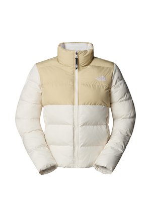 Two-tone beige and off-white padded jacket with high collar, front zipper, and logo on left chest.