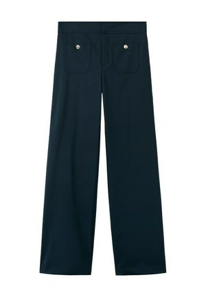 Pantalon noir à jambes larges avec deux poches arrière, chacune sécurisée par un bouton argenté unique, présenté sur un fond blanc.