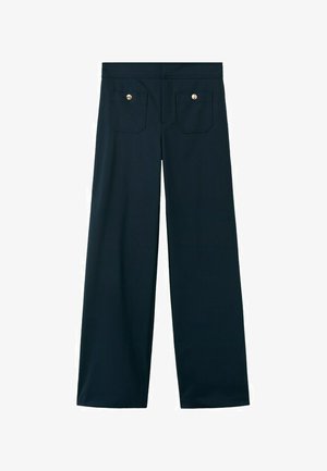 Pantalon noir à jambes larges avec deux poches arrière, chacune sécurisée par un bouton argenté unique, présenté sur un fond blanc.