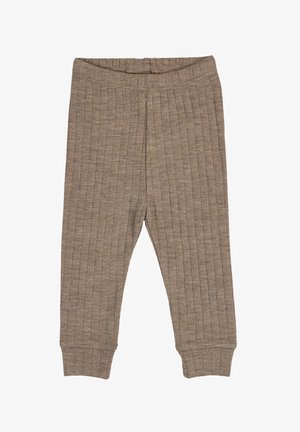 Light brown ribbed leggings featuring an elastic waistband and snug cuffs at the ankles. Made from a soft, stretchable fabric.