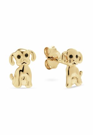 Goldene Steckerohrringe in Form von sitzenden Welpen mit schwarzen Augen und schlaffen Ohren, aus Vorder- und Seitenansicht dargestellt.