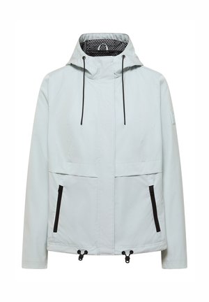 Veste à capuche gris clair avec cordons de serrage noirs ajustables, deux poches avant zippées et cordons de serrage réglables à l'ourlet.