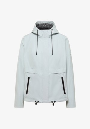 Lysegrå hættejakke med sorte justerbare snore, to lynlåslommer foran og justerbare snorstopper i kanten.