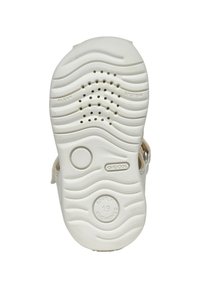 Suola in gomma bianca con motivo ondulato, dotata di fori di ventilazione e testo inciso per "GEOX" e "SOFTLY CUSHIONED."