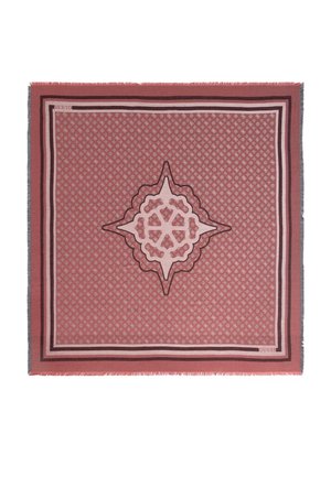 Foulard quadrato con un motivo geometrico centrale in tonalità di rosa e bordeaux, bordato da linee in contrasto e bordi frangiati.