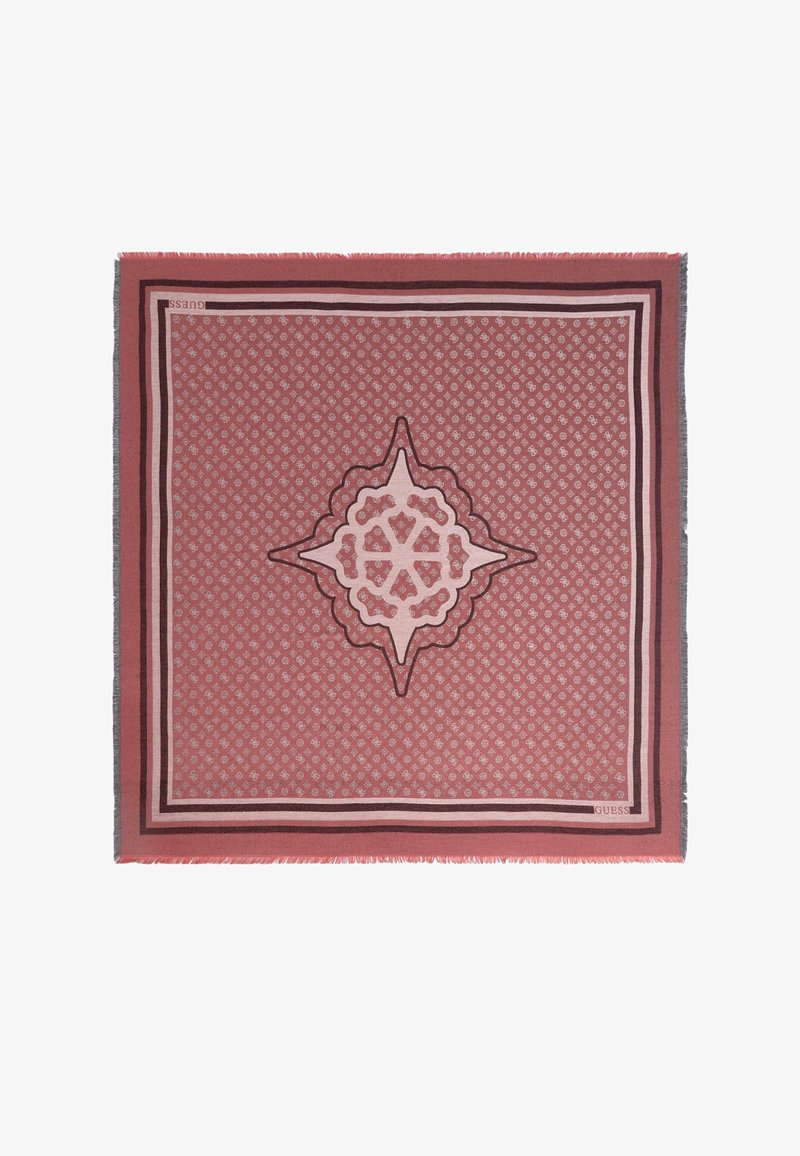 Foulard quadrato con un motivo geometrico centrale in tonalità di rosa e bordeaux, bordato da linee in contrasto e bordi frangiati.