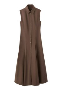 Ärmelloses braunes Midikleid mit Kragen und durchgehender Knopfleiste, ausgestelltem Rock und maßgeschneiderten Nähten.