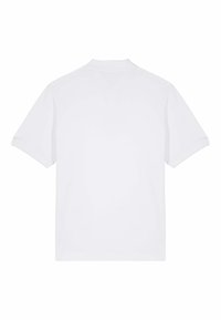 T-shirt bianca in cotone con colletto tondo, maniche corte e una texture liscia. Il retro è semplice e privo di loghi o motivi visibili.