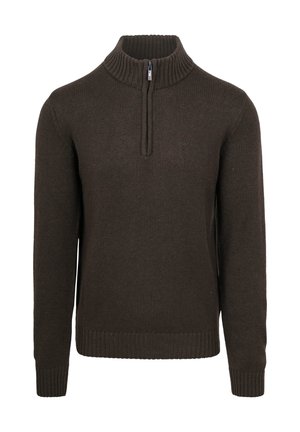 Brown knitted sweater with a high collar and half zipper. Features ribbed texture on the collar, cuffs, and hem. Lightweight fabric.