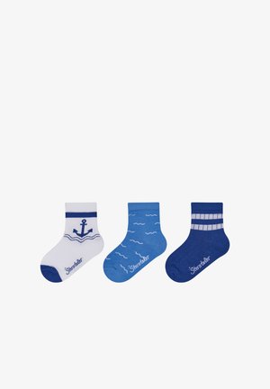 Drei Paar Baumwollsocken in Blautönen mit nautischen Motiven: ein Anker, wellenförmige Linien und Streifen. Jedes Paar hat kontrastierende Zehen- und Fersenakzente.