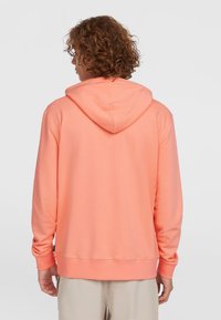 Pullover-Hoodie in Koralle, aus weicher Stoff gefertigt, mit einer Kordelzugkapuze, gerippten Bündchen und geradem Saum. Nahtloses Rückendesign.