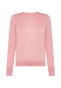 Maglione lavorato a maglia rosa chiaro con maniche lunghe, colletto rotondo, polsini e orlo a coste. La texture appare morbida e leggermente stropicciata.