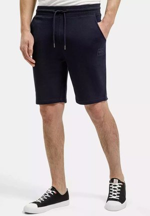 Granatowe szorty z mieszanki bawełny z elastycznym pasem i sznurkiem, z bocznymi kieszeniami i teksturowanym wykończeniem.