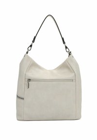 Cremefarbige Leder-Schultertasche mit einem großen Hauptfach, einer Rei ßverschlussvorderentasche und einem schwarzen Akzentgurt. Sanfte Textur.