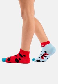 Kleurvolle sokken: de ene is rood met zwarte stippen en een rode boord, de andere is lichtblauw met een lieveheersbeestje patroon en een turquoise teen. Materiaal van een katoenmix.