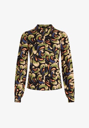 Koszula z długim rękawem z guziczkami w wielokolorowy wirujący wzór z zielonym, niebieskim, pomarańczowym i kremowym na czarnym tle. Miękka tekstura materiału.