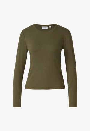 Maglietta a maniche lunghe verde oliva in cotone liscio, con scollo tondo e un'etichetta di marca discreta sul lato inferiore.