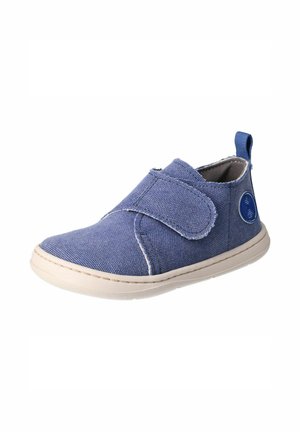 Blue toddler shoe with fabric upper, Velcro strap, white sole, and pull tab on heel for easy wearing.