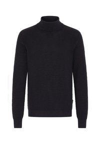 Pulover negru cu guler înalt, cu un model de tricotaje texturat, cu manșete și margine cu nervuri, croială standard, material moale, design minimalist.