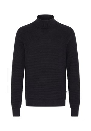 Maglione a collo alto nero con un motivo a maglia testurizzato, polsini e orlo a coste, vestibilità standard, materiale morbido, designminimalista.