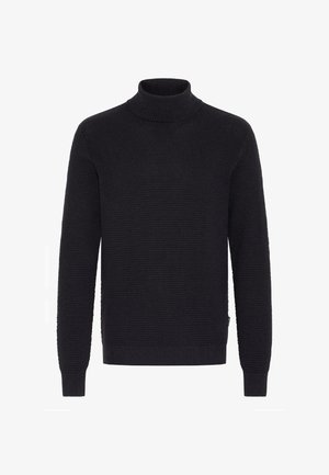 Fekete garbó pulóver textúrált kötött mintával, bordás mandzsettákkal és szegéllyel, standard fazon, puha anyag, minimalista dizájn.