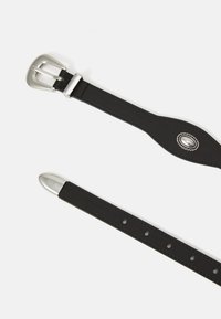 Black leather belt with a silver rectangular buckle, featuring multiple holes for adjustment and a rounded tip with a decorative accent.