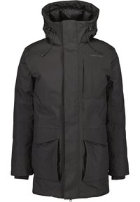 Parka nera impermeabile con colletto alto, due grandi tasche anteriori e cordini regolabili. Presenta una chiusura frontale con zip e un rivestimento texturizzato.