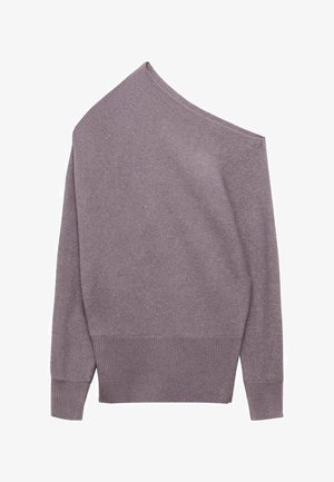 Asimetrična pulover z lavandasto barvo, narejena iz mehkega materiala, z enim ramenskim dizajnom, dolgimi rokavi ter rebrastimi manšetami in robom.