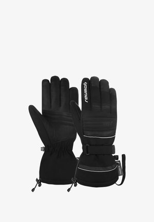 Sorte vinterhandsker med læderhåndflade, softshell-stof, justerbar håndledsrem og elastiske manchetter. Har teksturerede fingerdetaljer og branding.