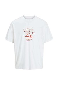T-shirt en coton blanc avec un graphique de personnages de burger et de boisson souriants. Le texte dit "GANG SH*T" en rouge en dessous du design.