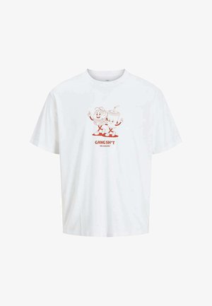T-shirt en coton blanc avec un graphique de personnages de burger et de boisson souriants. Le texte dit "GANG SH*T" en rouge en dessous du design.