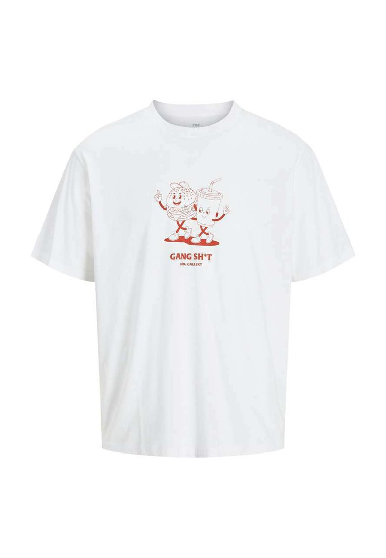 T-shirt en coton blanc avec un graphique de personnages de burger et de boisson souriants. Le texte dit "GANG SH*T" en rouge en dessous du design.