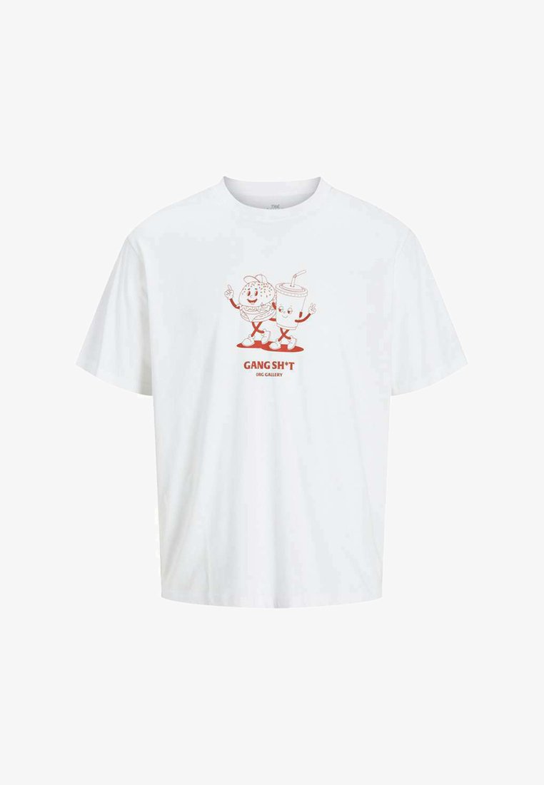 T-shirt en coton blanc avec un graphique de personnages de burger et de boisson souriants. Le texte dit "GANG SH*T" en rouge en dessous du design.