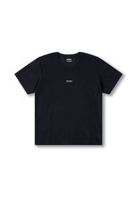 Svart kortärmad t-shirt i andningsbart material med rund halsringning och liten logotypdetalj på bröstet. Slät textur.