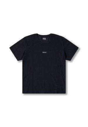 Black short-sleeve t-shirt made of breathable fabric featuring a round neckline and small logo detail on the chest. Smooth texture.
