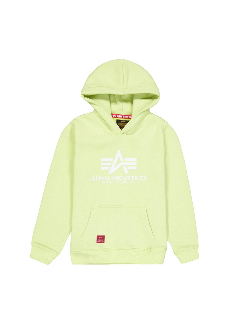 Felpa con cappuccio di un vivace verde lime, realizzata in un tessuto morbido. Caratterizzata da un logo centrale, tasca a canguro frontale e polsini e orlo a coste.