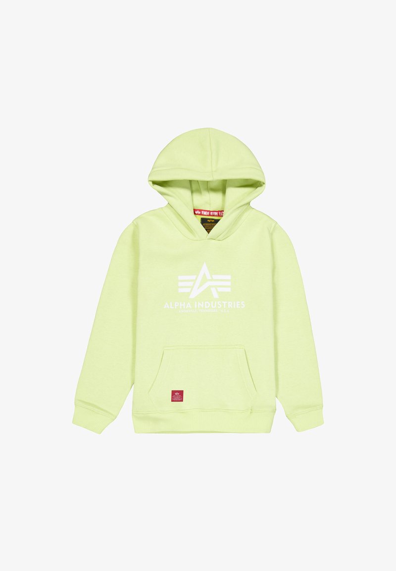 Felpa con cappuccio di un vivace verde lime, realizzata in un tessuto morbido. Caratterizzata da un logo centrale, tasca a canguro frontale e polsini e orlo a coste.