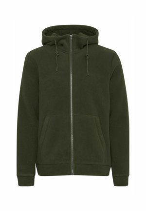 Sudadera con cremallera de color verde oscuro, hecha de material de forro polar. Cuenta con capucha con cordón, bolsillos frontales y puños y dobladillo acanalados.