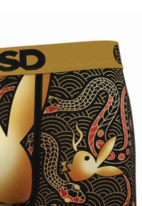 Boxer da uomo con elastico dorato, caratterizzati da una base nera con motivi di draghi rossi e oro e coniglietti. Realizzati in tessuto traspirante.