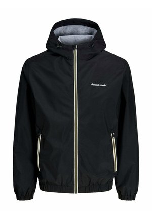 Black hooded jacket with front zipper, elastic cuffs and hem, two zippered side pockets, and small white logo on chest.