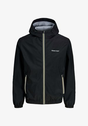 Black hooded jacket with front zipper, elastic cuffs and hem, two zippered side pockets, and small white logo on chest.