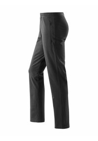 Zwarte sportbroek met een gladde textuur, elastische tailleband en een ritszak aan de zijkant. Getailleerd ontwerp met een rechte pijpvorm.