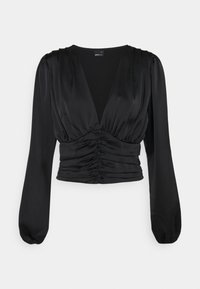 Blusa nera in satin a maniche lunghe con scollo a V profondo, bottoni arricciati sul davanti e vita aderente, progettata per un look elegante e alla moda.