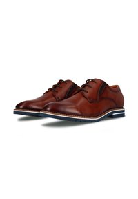 Chaussures habillées en cuir marron avec une texture lisse, bout arrondi, semelle contrastante en bleu marine et lacets. Des coutures notables le long du bord.