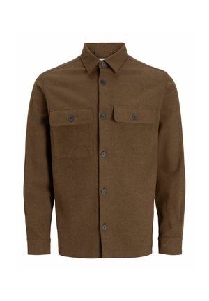 Chaqueta de camisa texturizada marrón con cuello, cierre frontal de botones y dos bolsillos en el pecho. Presenta botones grises y mangas largas.
