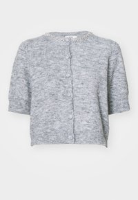 Gray knitted cardigan with short sleeves, textured finish, and round neckline accented with a decorative beaded trim. Five button closure.