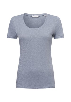 Hellblaues kurzärmeliges T-Shirt mit Rundhalsausschnitt, aus weichem, strukturiertem Stoff, mit einem dezenten Muster und einer lockeren Passform.