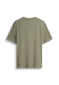 T-shirt à manches courtes vert olive avec col rond, doté d'un design uni et d'un tissu en coton doux. La vue arrière montre une finition soignée.
