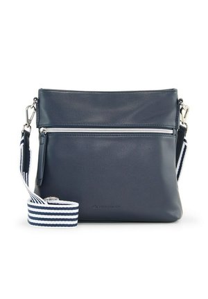 Sac bandoulière en cuir bleu marine avec poche zippée argentée et bandoulière réglable amovible rayée blanche et bleu marine.